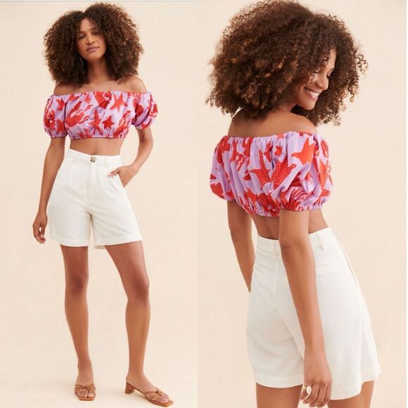 FARM Rio Tops - FARM Rio Lobster Sky Off Shoulder Crop Top Medium Anthropologie